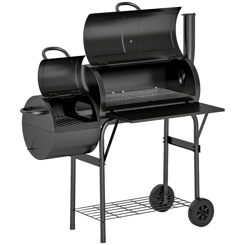 Ahumador offset Outsunny de barril 109 cm con chimenea y ruedas