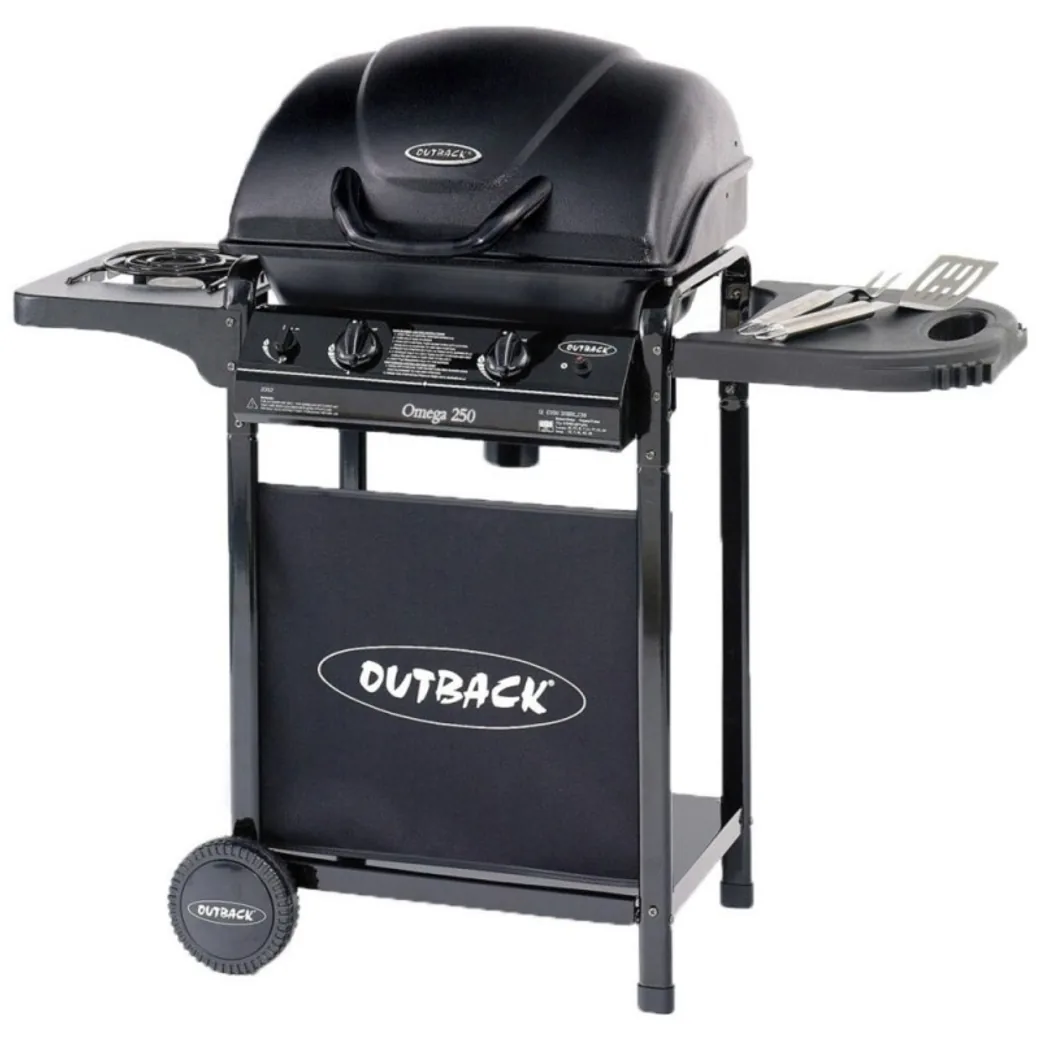 Barbacoa de gas Outback Omega 250 con hornillo lateral y ruedas