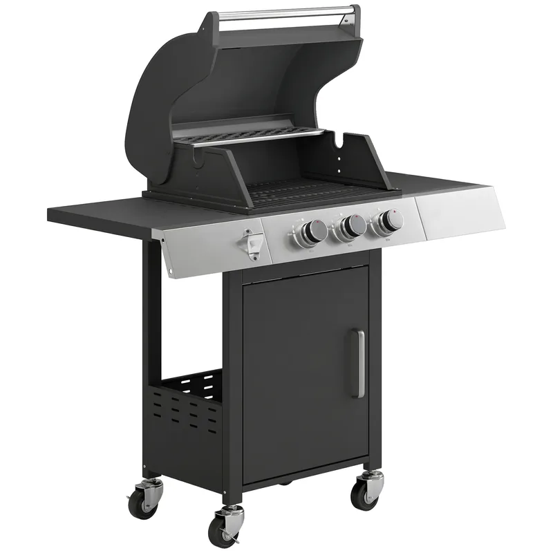 Barbacoa de gas Outsunny 3 quemadores 8,1 kW parrilla hierro fundido