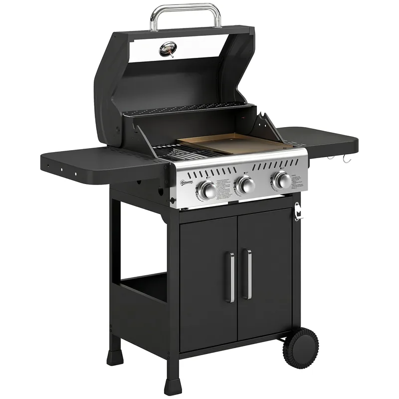 Barbacoa de gas Outsunny 3 quemadores 7,5 kW con parrilla y plancha