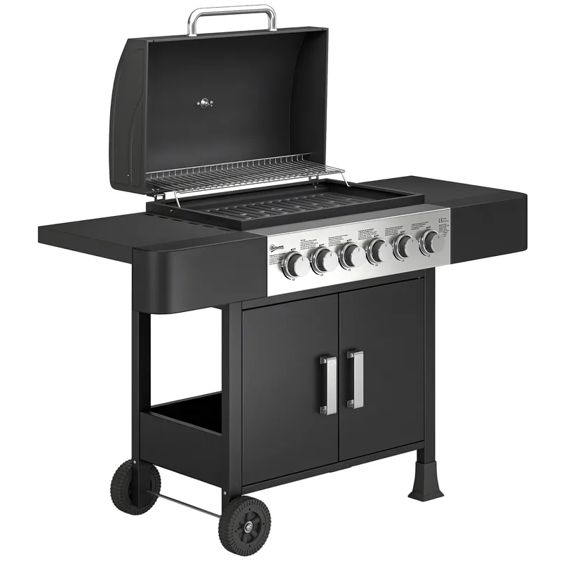 Barbacoa de gas Outsunny 6 quemadores 15 kW con armario y ruedas