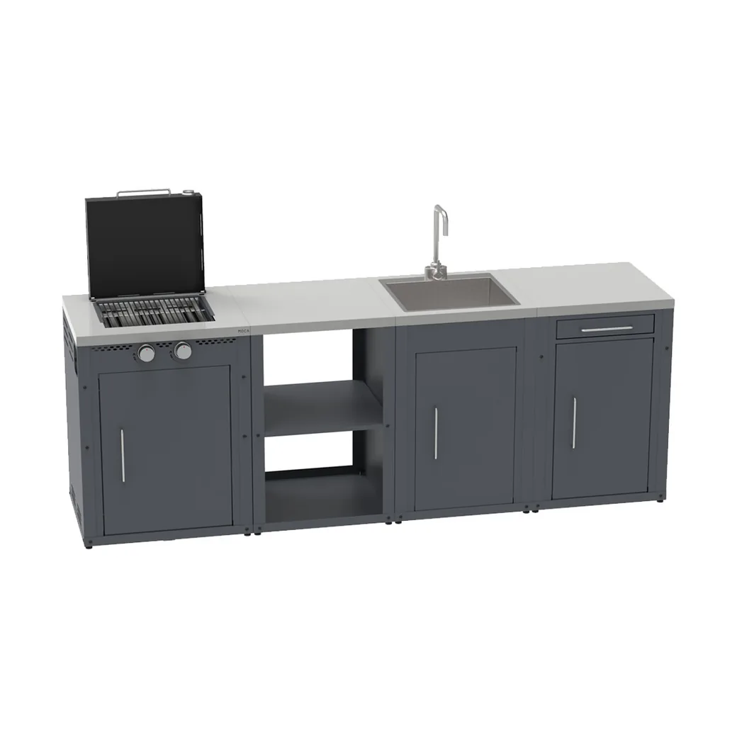 Cocina de exterior modular Imor MOCA de 4 módulos con barbacoa de gas, balda, armario con cajón y fregadero