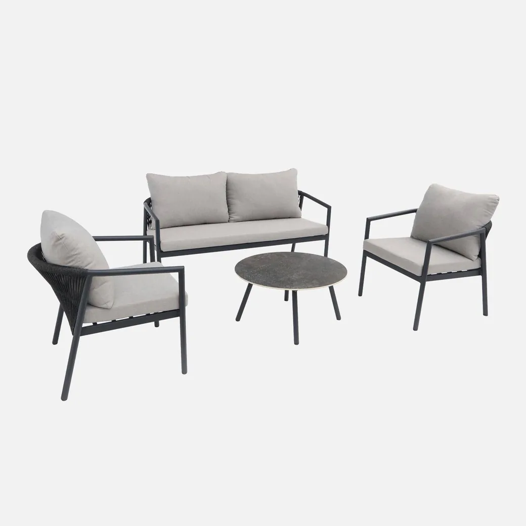 Conjunto de jardín de aluminio y cuerdas gris para 4 personas con mesa redonda