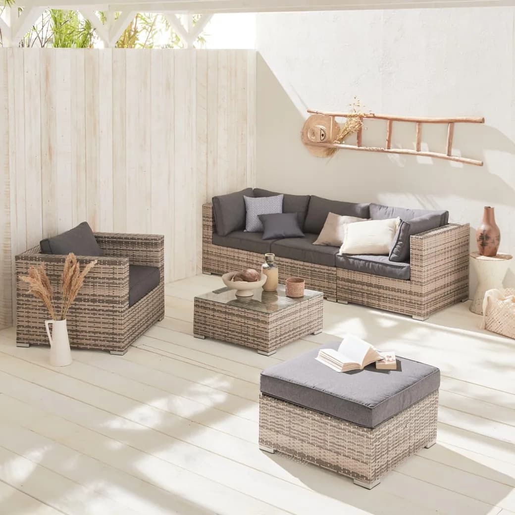 Conjunto de muebles de jardín de ratán Caligari 5 plazas gris