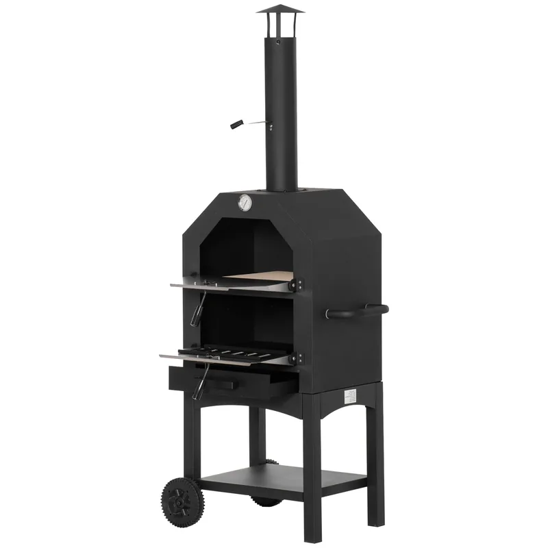 Horno de pizza de leña Outsunny 3 niveles con chimenea y ruedas 160 cm