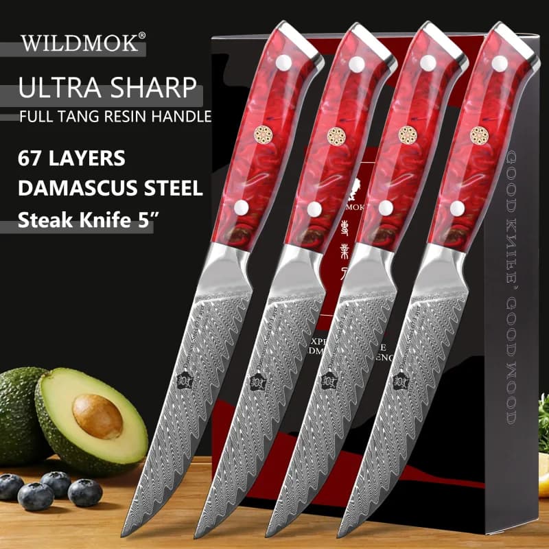 Juego de 4 cuchillos para carne WILDMOK acero Damasco 67 capas 13 cm